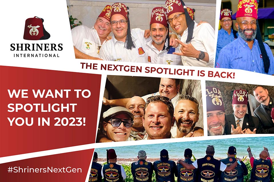 grupos de colagem do Shriners, logotipo do Shriners International, The NextGen Spotlight is Back, We Want to Spotlight You in 2023, #ShrinersNextGen
