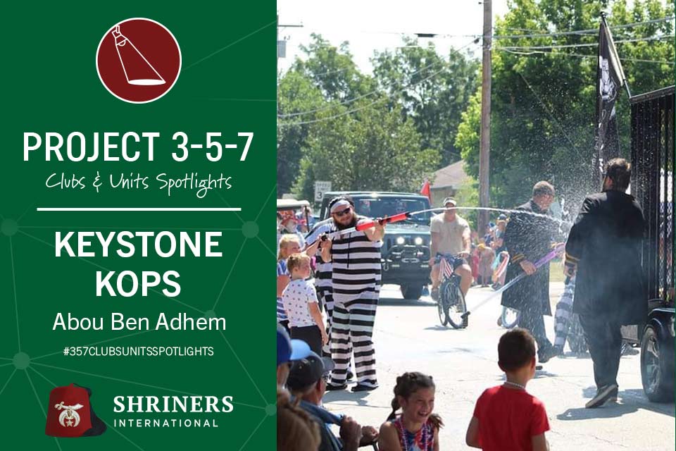 Project 3-5-7 Clubs & Units Spotlights; Keystone Kops,  Abou Ben Adhem #357clubsunitsspotlights; Shriners International Logo; Shriners dressed as prisoners and officers spraying water guns