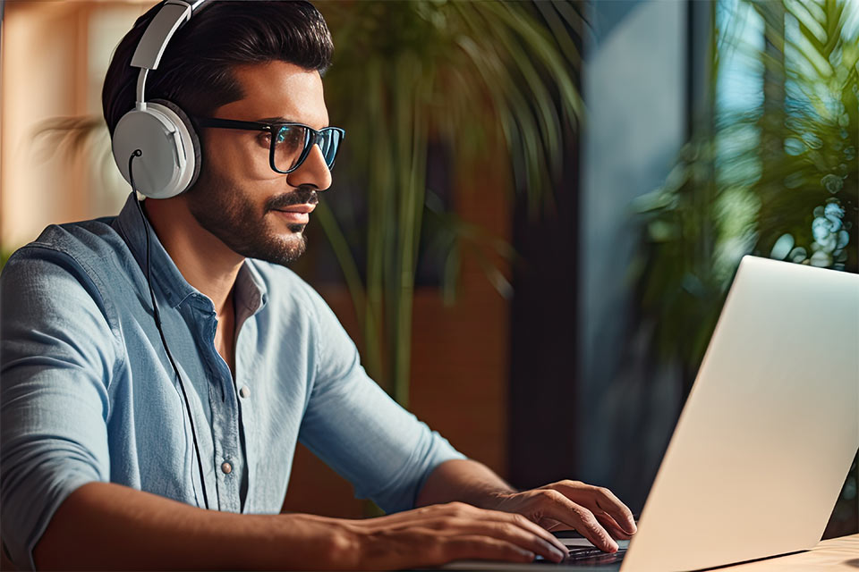 Man watching computer while wearing headphones