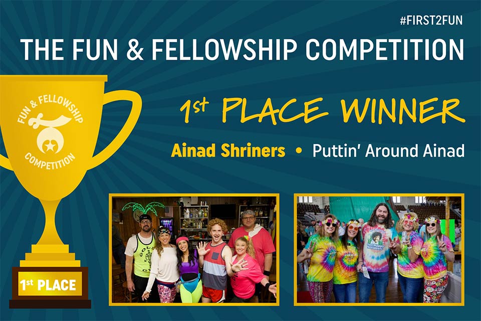 First place graphic with trophy image and Ainad Shriners at putt-putt scramble