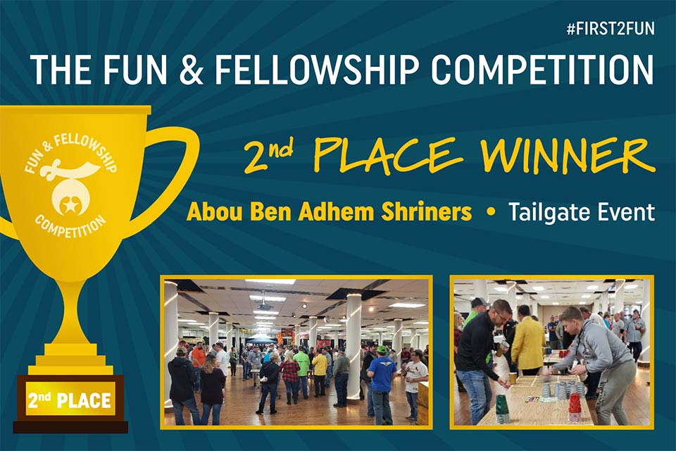 Second place graphic with trophy image and Abou Ben Adhem Shriners at tailgate