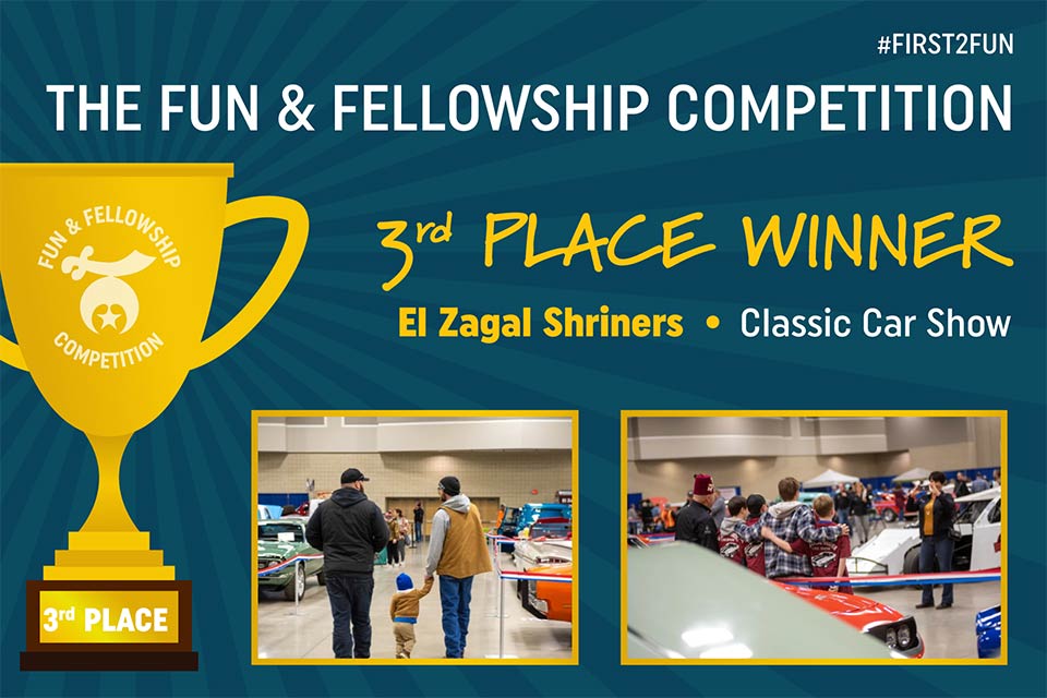 Third place graphic with trophy image and El Zagal Shriners at car show