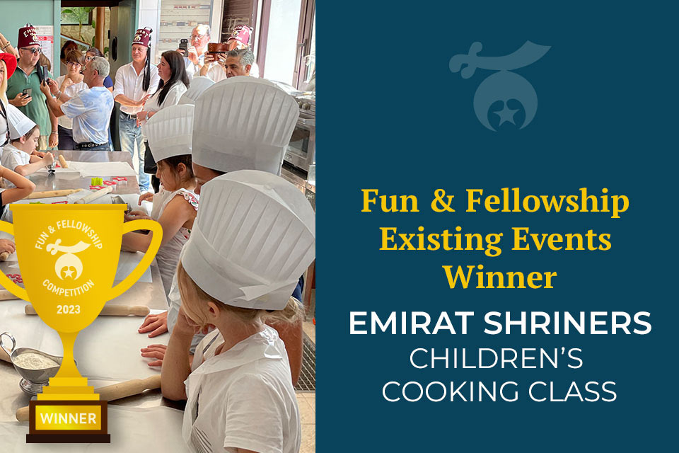 Vencedor de eventos existentes de diversão e companheirismo, aula de culinária infantil Emirat Shriners, imagem da aula de culinária, troféu com palavras: Vencedor do Concurso Diversão e Companheirismo 2023