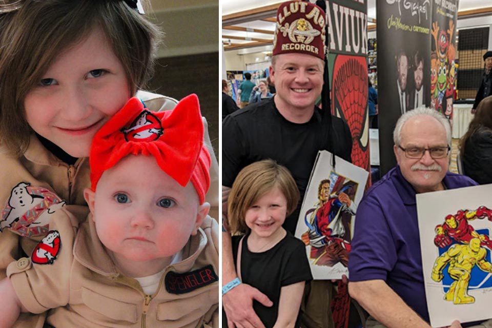 two children wearing costumes, two shriners