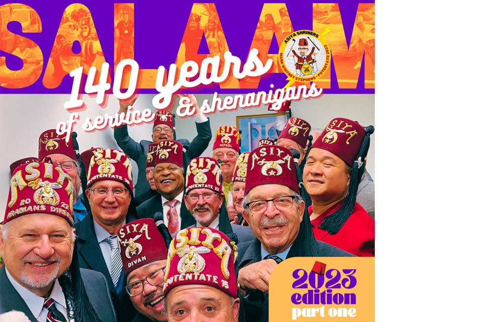 Salaam, 140 años de servicio y travesuras, insignia de Asiya Shriners, miembros de Shriner con feces sonríen y posan, edición de 2023, primera parte