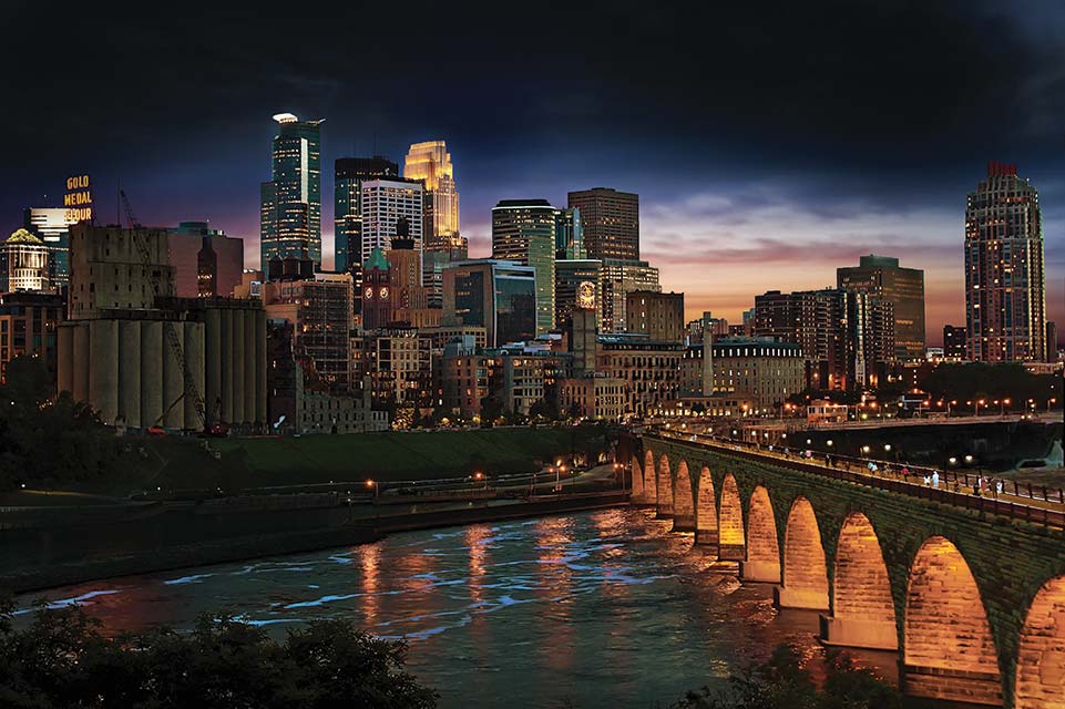 Horizonte de Minneapolis à noite