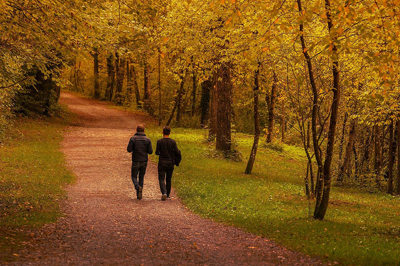 Men walking on path